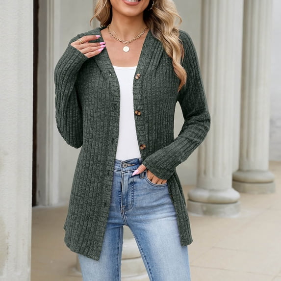 Qzwdhjm Women's Cardigan Sweaters Ribbed Knit Hooded Button up Cardigans Mid Length Long Sleeve Sweater Coat with Pockets Casual Fall Outerwear