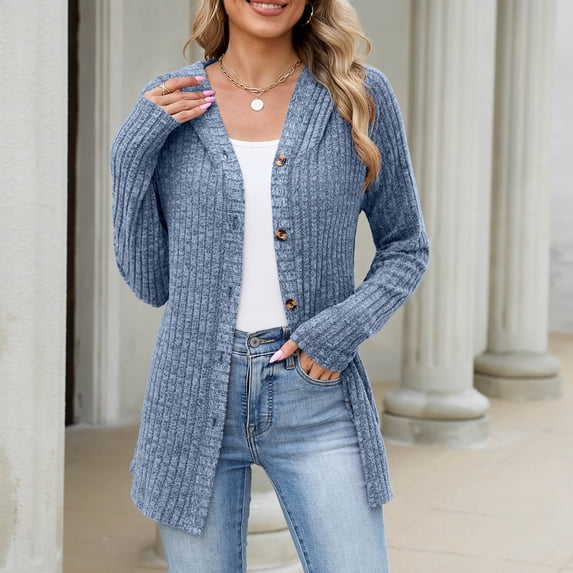 Qzwdhjm Women's Cardigan Sweaters Ribbed Knit Hooded Button up Cardigans Mid Length Long Sleeve Sweater Coat with Pockets Casual Fall Outerwear