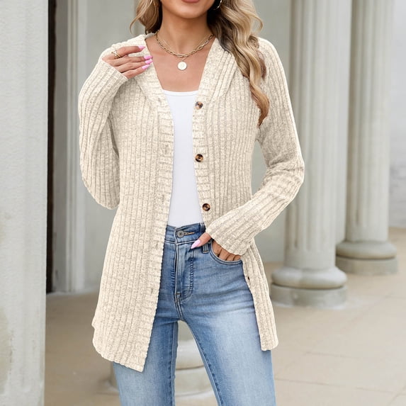 Qzwdhjm Women's Cardigan Sweaters Ribbed Knit Hooded Button up Cardigans Mid Length Long Sleeve Sweater Coat with Pockets Casual Fall Outerwear