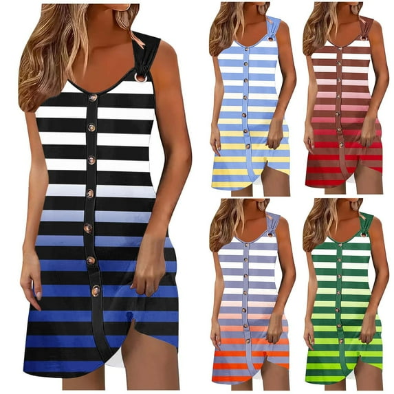 Qzwdhjm Women's O Ring Strap Mini Dresses Striped Button Tunic Dress Gradient V Neck Tank Dresses Summer Resort Sundress