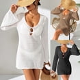thumbnail image 1 of Qzwdhjm Women's Swimsuits Cover Up Crochet Hollow Out Mini Dress Bell Sleeve Cut Out Beach Coverups Deep V Neck Summer Vacation Coverup, 1 of 8