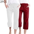 thumbnail image 1 of Qzwdhjm Womens 2 Packs Cotton Linen Capri Pants Solid Straight Leg Capris Drawstring Elastic Waist Outdoor Trousers for Lounge Vacation with Pocket, 1 of 5