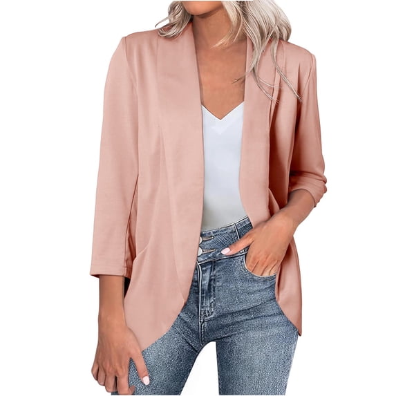 Qzwdhjm Womens 3/4 Sleeve Blazers Summer Lightweight Open Front Cardigan Jackets Office Work Suit Jackets Pink S
