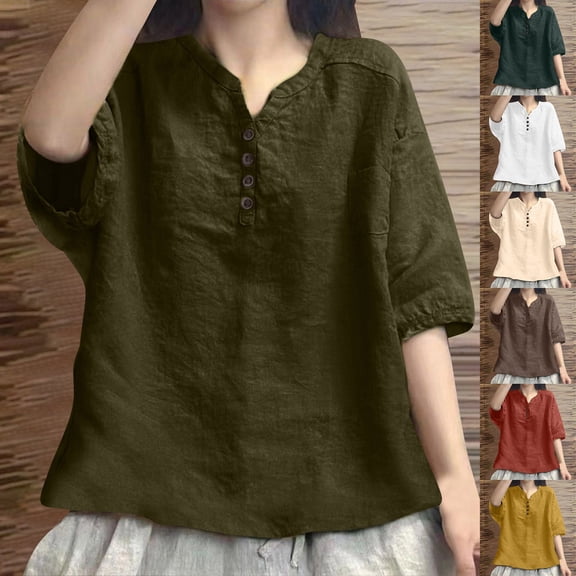 Qzwdhjm Womens 3/4 Sleeve Button V Neck Tops Cotton Linen Loose Fit Henley Shirts Summer Holiday Lightweight Comfy Tunic Blouses Beige M