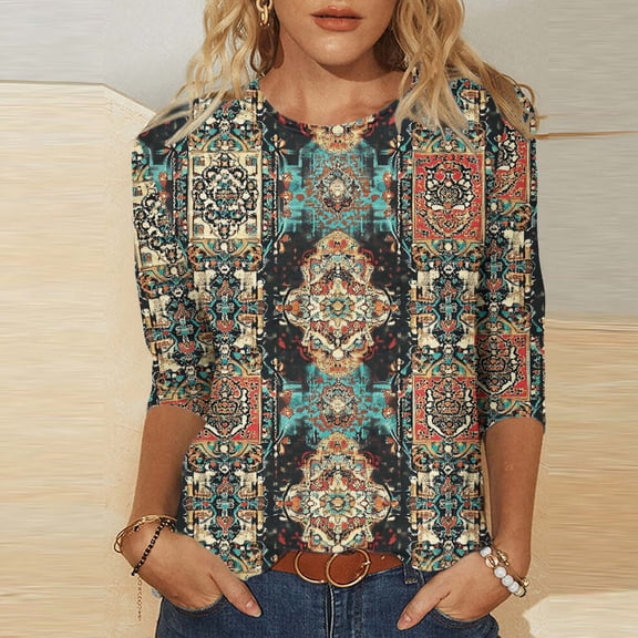 Qzwdhjm Womens 3/4 Sleeve Crewneck Tops Cotton Plus Size Vintage Tops Casual Loose Fit Retro Printed Tunic Blouses XXXL