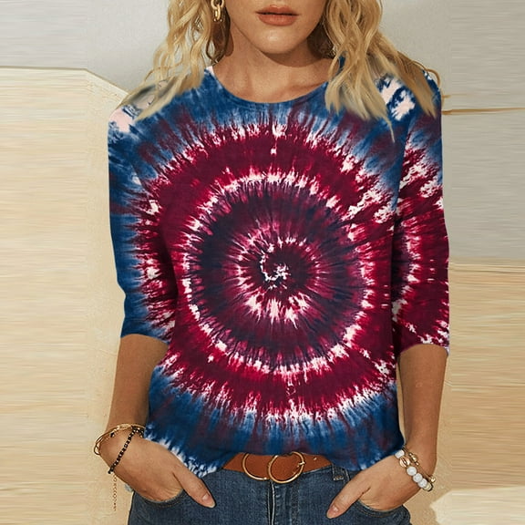 Qzwdhjm Womens 3/4 Sleeve Tops Crewneck Tie Dye Graphic Tops Trendy Loose Fit Blouses Navy M