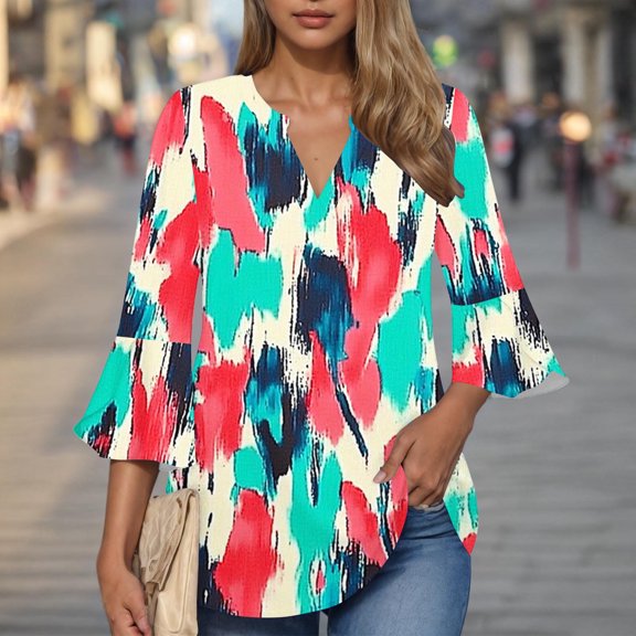 Qzwdhjm Womens 3/4 Sleeve Tops Graffiti V Neck T Shirts Dressy Casual Summer Tunic Blouses Pink XXL