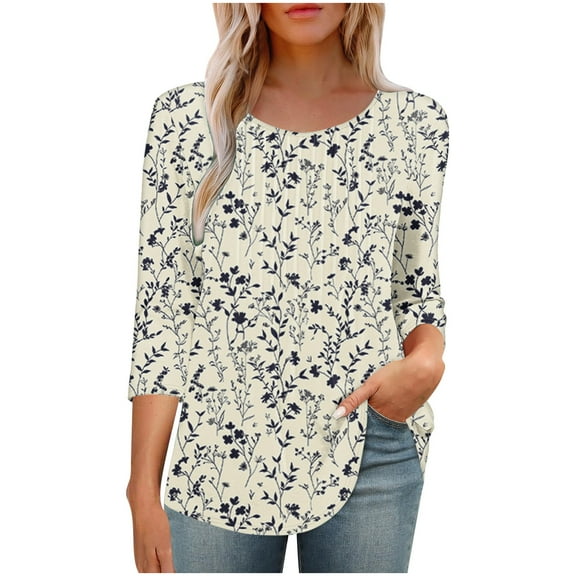 Qzwdhjm Womens 3/4 Sleeve Tops Summer Casual Elegant Floral Print Tunic Tops Pleated Crewneck Fall Blouses 2025 M