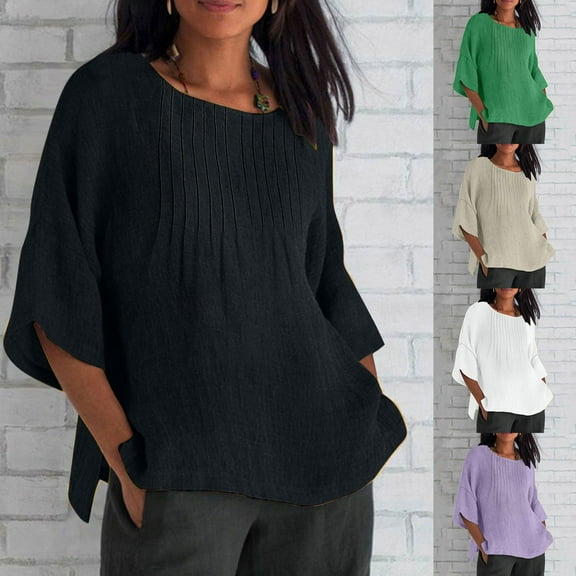 Qzwdhjm Womens 3/4 Sleeve Tops Summer Loose Fit Oversized Ladies Blouses Solid Color Crewneck Tee Shirts with Side Split Black L