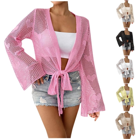 Qzwdhjm Womens Bathing Suit Cover Up Crochet Hollow Out Cardigan Tie Front Bell Sleeve Swimsuit Coverup Beach Loungwear Coverups