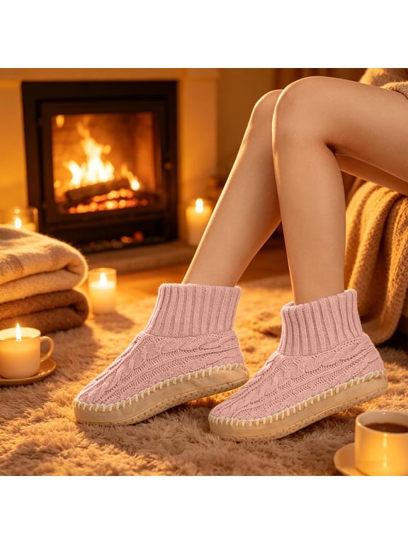 Womens Cable Knit Slipper Socks Boots Thick Sole Warm Mid Calf House Socks Soft Cozy Non Slip Indoor Slipper Socks for Winter