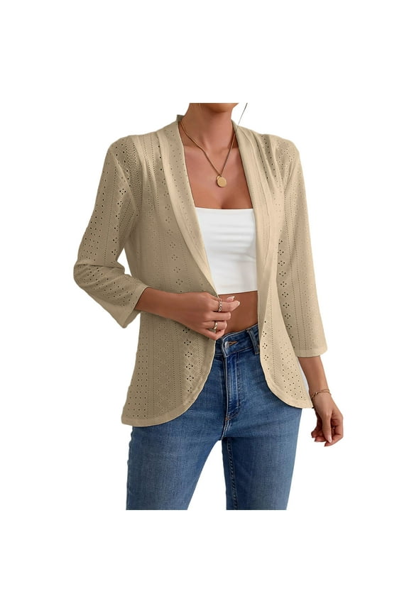Womens Casual Cardigans 3/4 Sleeve Open Front Lightweight Jackets Trendy Eyelet Slim Fit Cardigans Beige XXL