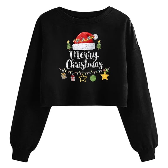 Qzwdhjm Womens Cropped Sweatshirts for Christmas Crewneck Xmas Santa Hat Graphic Sweatshirt Long Sleeve Thin Fleece Crop Pullover for Winter Holiday