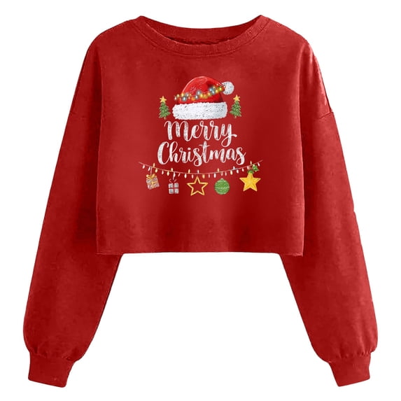 Qzwdhjm Womens Cropped Sweatshirts for Christmas Crewneck Xmas Santa Hat Graphic Sweatshirt Long Sleeve Thin Fleece Crop Pullover for Winter Holiday
