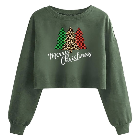 Qzwdhjm Womens Cropped Sweatshirts for Christmas Crewneck Xmas Tree Graphic Sweatshirt Long Sleeve Thin Fleece Crop Pullover for Winter Holiday