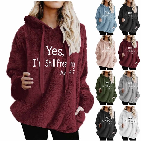 Qzwdhjm Womens Fuzzy Fleece Hoodies Long Sleeve Sherpa Oversized Hoodie Cozy Fluffy Loose Casual Sweatshirt with Drawstring Hood