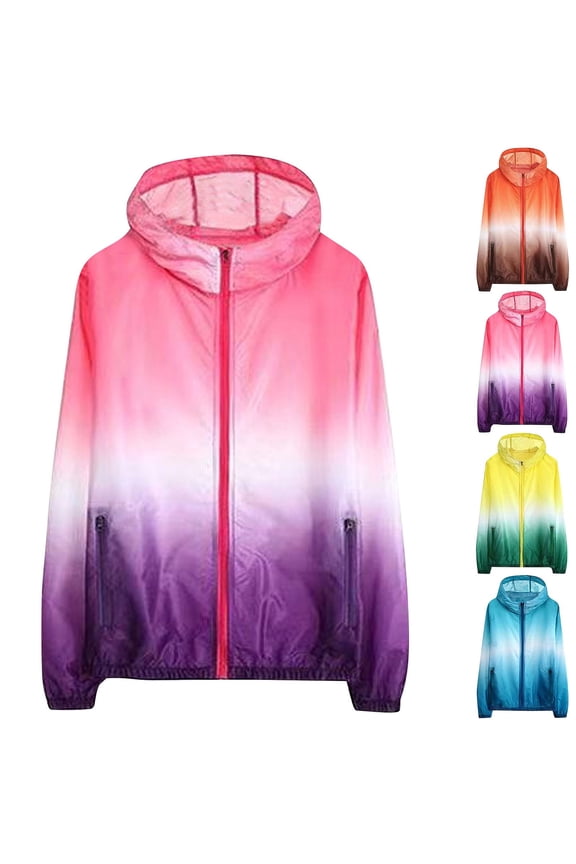 Womens Gradient Sun Protection Jacket Hoodie Long Sleeve Jackets Lightweight Hooded Tops Plus Size Weekend Hiking Jacket