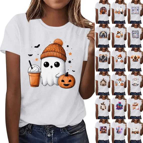 Qzwdhjm Womens Halloween Shirt Crew Neck Short Sleeve Cute Halloween Graphic Tees Spooky Season Loose Casual Top for Fall Party