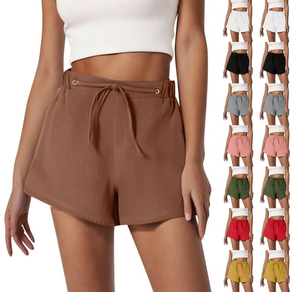 Qzwdhjm Womens High Waisted Linen Shorts Loose Solid Wide Leg Shorts Flowy Drawstring Elastic Waist Outdoor Pants Summer Casual Shorts with Pocket