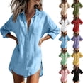 thumbnail image 1 of Qzwdhjm Womens Linen Button Down Shirts Collared Long Sleeve Oversized Tops Solid Lightweight Casual Tees Summer Beach and Resort Cover Up for Women, 1 of 6