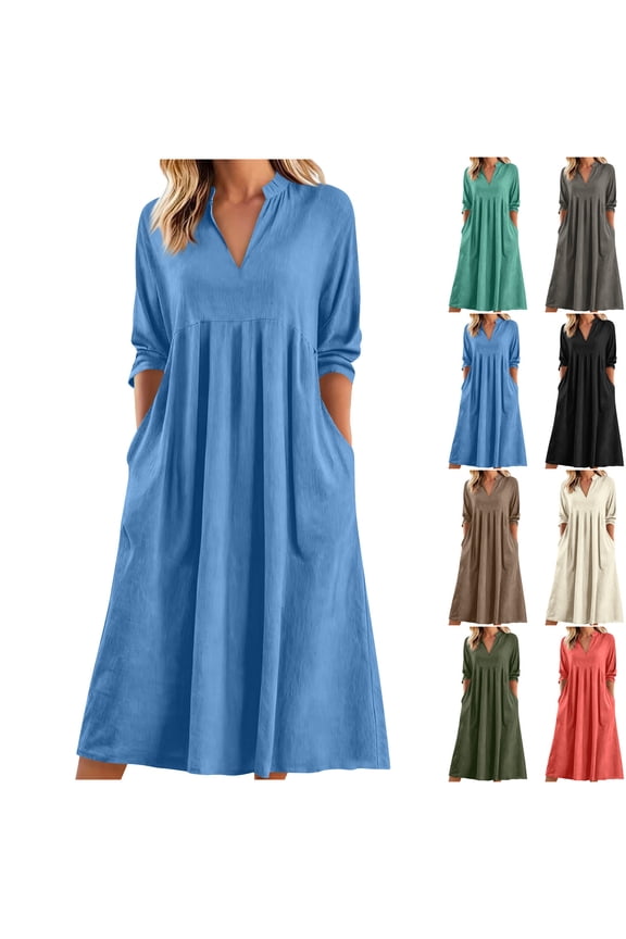 Womens Linen Dresses 3/4 Sleeve Collared Midi Dress V Neck Solid Flowy Dresses Aline Weekend Going Out Sundress with Pocket