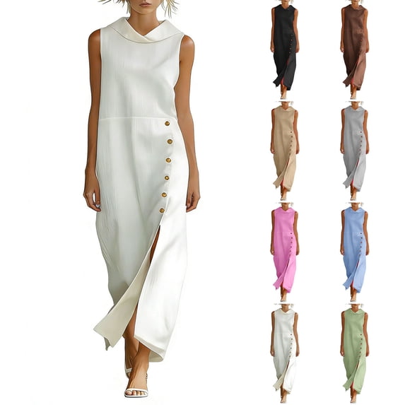 Qzwdhjm Womens Linen Sleeveless Maxi Dress Cowl Neck Side Slit Dressy Casual Tank Dresses with Buttons for Summer Lounge Vacation