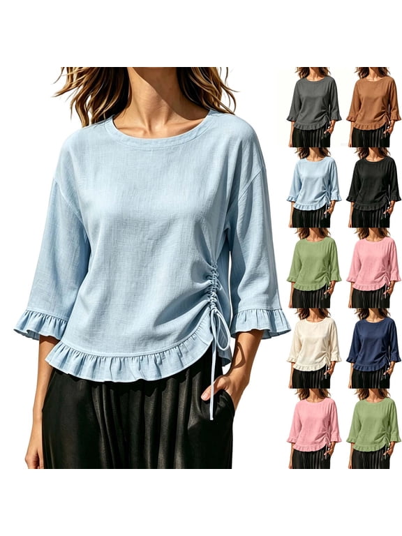 Womens Linen Tops Round Neck Ruffle 3/4 Sleeve Top with Side Drawstring and Ruffel Hem Solid Loose Casual Blouse for Outdoor