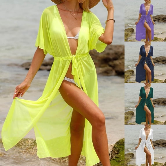 Qzwdhjm Womens Mesh Swim Cover Ups Short Sleeve Maxi Cardigans Open Front Bathing Suits Coverups Summer Resort Swimsuits Cover Up