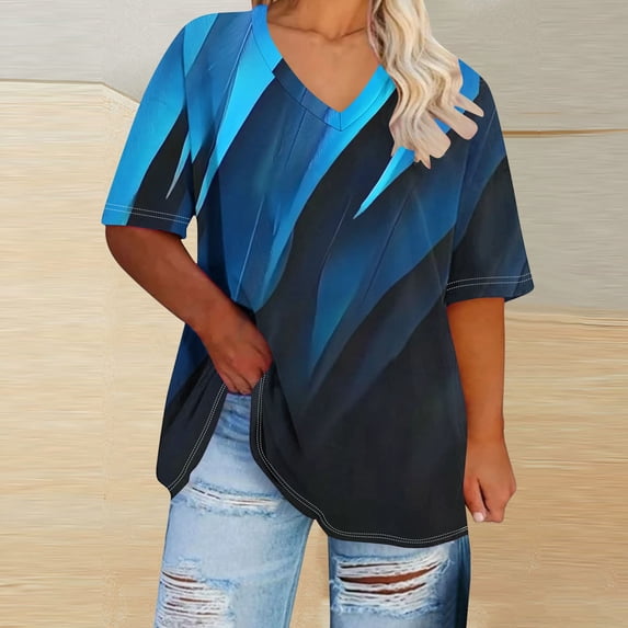Qzwdhjm Womens Plus Size Tops Short Sleeve Tunic Shirts V Neck Graphic Tees Soft Loose Casual Tunics Summer Going Out Tshirts
