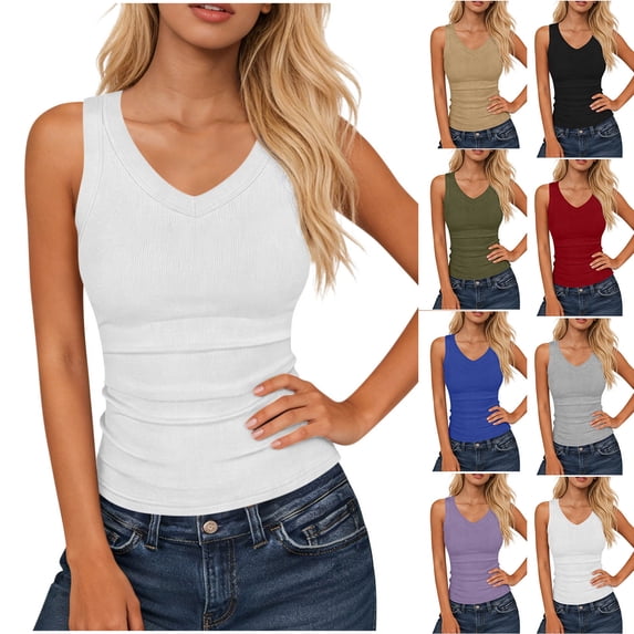Qzwdhjm Womens Ribbed Tank Tops V Neck Sleeveless Shirts Ruched Fitted Tanks Solid Basic Tees Stretch Summer Tshirts for Leisure Outdoor