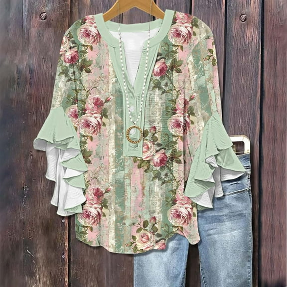 Qzwdhjm Womens T Shirts Summer Dressy Casual Floral Printed Elegant Tunic Blouses 3/4 Batwing Sleeve V Neck Blouses M