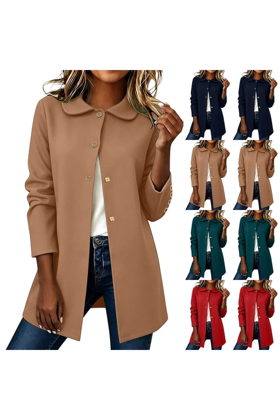 Womens Trench Coat Woolen Peter Pan Collar Single Breasted Mid Length Coats Warm Long Sleeve Loose Casual Fall Jackets