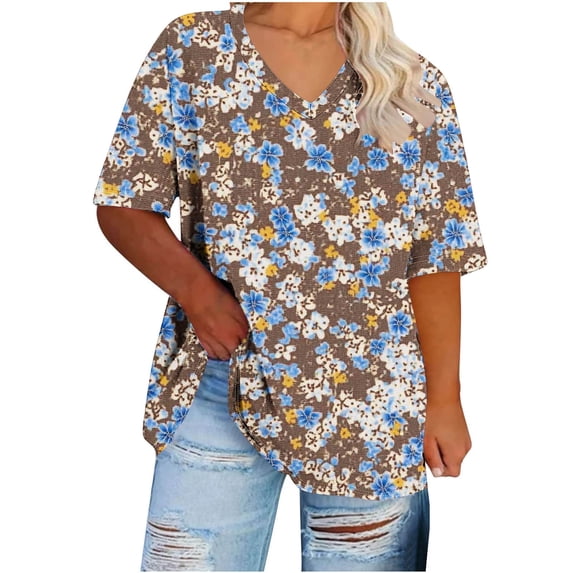 Qzwdhjm Womens Tunic Tops Plus Size Short Sleeve Tunics Floral V Neck Tshirts Loose Boho Summer Casual Blouses Going Out Shirts