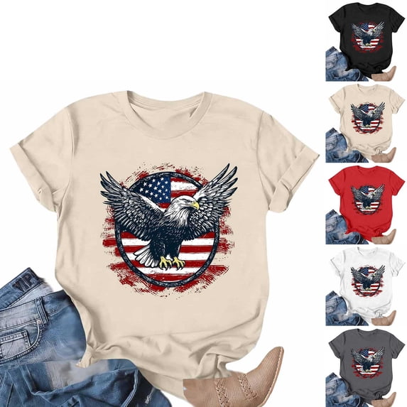 Qzwdhjm Womens USA Flag Shirts Crew Neck Short Sleeve Tshirts Graphic Tees Crew Neck Loose Summer Shirts Patriotic Going Out Top
