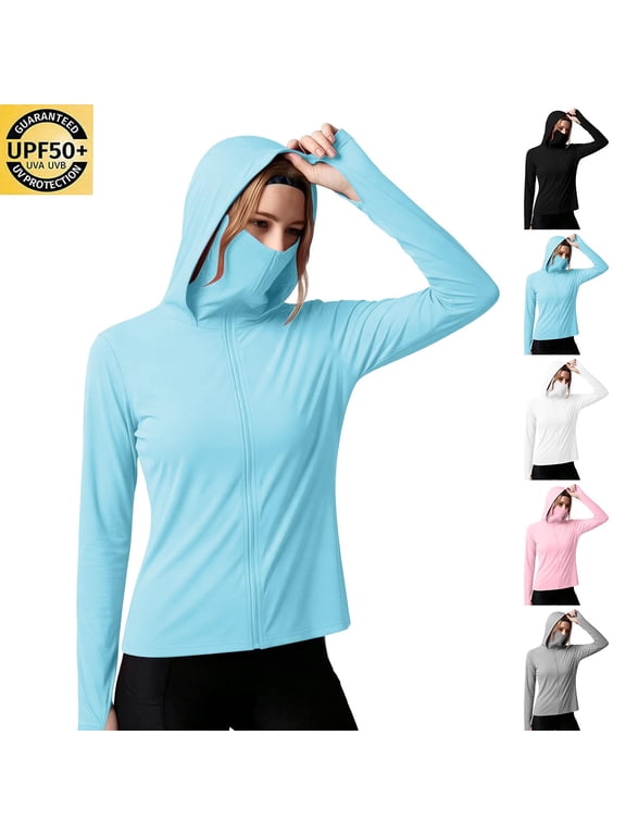 Womens UV Protection Hoodie Jackets Zip-Up Long Sleeve Hoodies with Face Mask Quick Dry Lightweight Summer Coats for Fishing Hiking