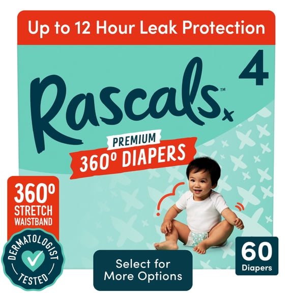 Rascals Premium 360 Absorbent Pull-On Diapers, Size 4, 60 Count
