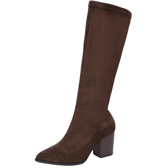 R-364 Brown Womens Fashion Casual Pointed Toe Block Heel Knee High Boots Fall Winter Style Buckle Detail Slouchy Mid Calf Boots