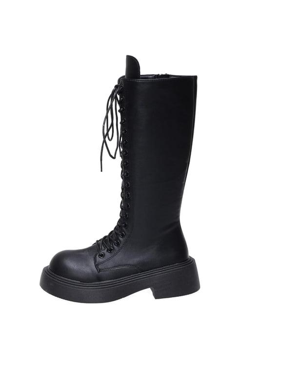R-67 Black Womens Fashion Knee High Boots Round Toe Lace Up Low Heel Retro Style Winter Casual Boots Comfort Wear Trend