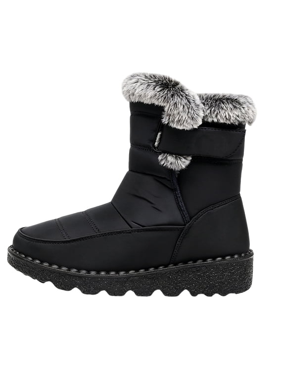 R-776 Black Ladies Mid Heel Waterproof Snow Boots Round Toe Warm Fleece Lined Winter Casual Womens Comfortable Short