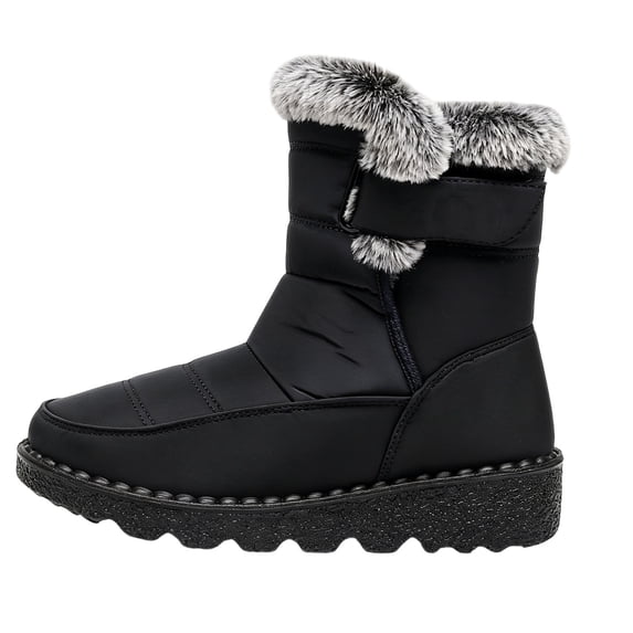 R-776 Black Ladies Round Toe Snow Boots Mid Heel Waterproof Warm Fleece Lined Winter Casual Womens Comfortable Short