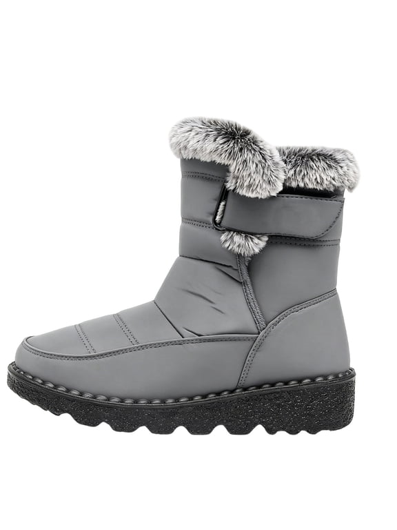 R-776 Gray Womens Warm Fleece Lined Waterproof Snow Boots Round Toe Mid Heel Winter Casual Ladies Comfortable Short