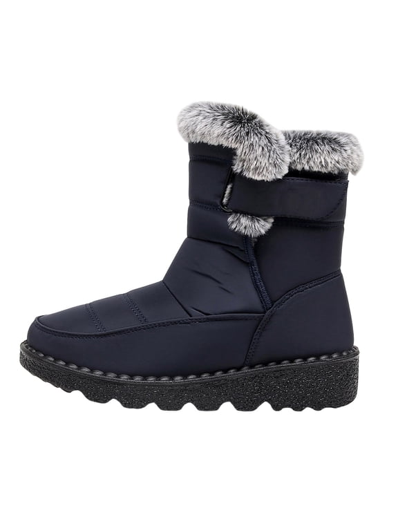 R-776 Navy Womens Round Toe Waterproof Boots Mid Calf Winter Fleece Lined Warm Non Slip Thick Sole