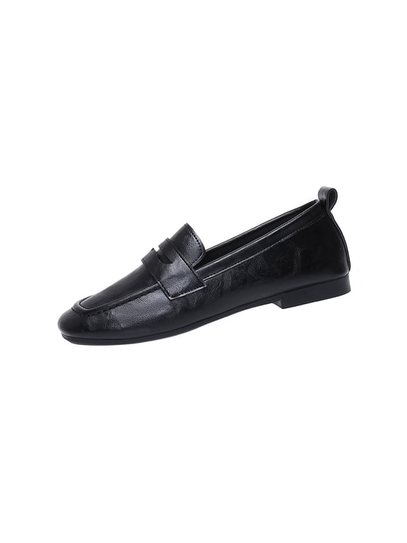 R-85 Black Ladies Versatile Plus Size Loafers Breathable Square Toe Closed Flat Soft Sole Low Heel Casual