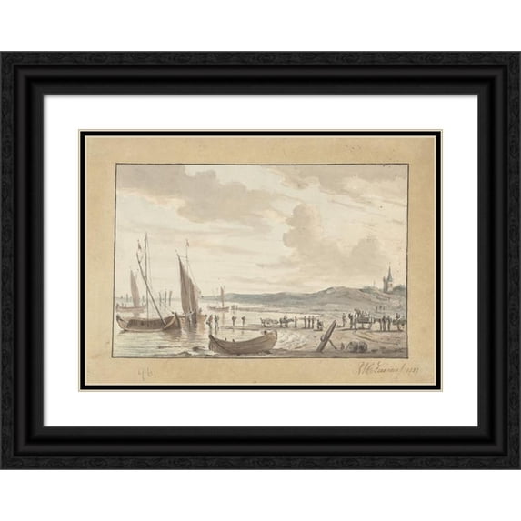 R.A.C. Ziesenis 18x14 Black Ornate Wood Framed Double Matted Museum Art Print Titled - Coastal Face with Sailing Ships and Church Tower (1832)