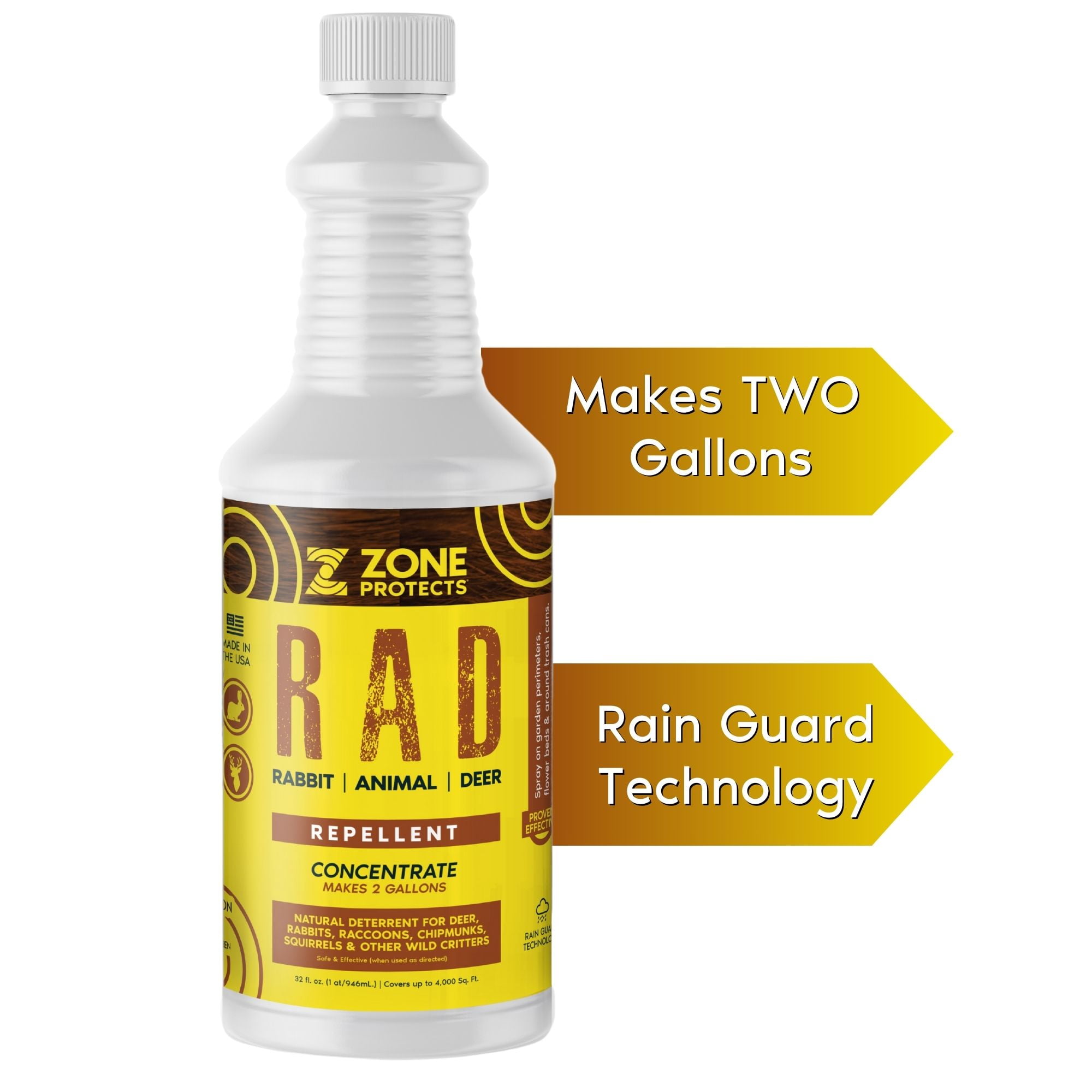 R.A.D. - Rabbit, Animal, Deer Repellent Concentrate, 32oz; All-Natural Money Saving; Makes Two Gallons.  Keeps Critters Out of Gardens, Lawns and Flower Beds