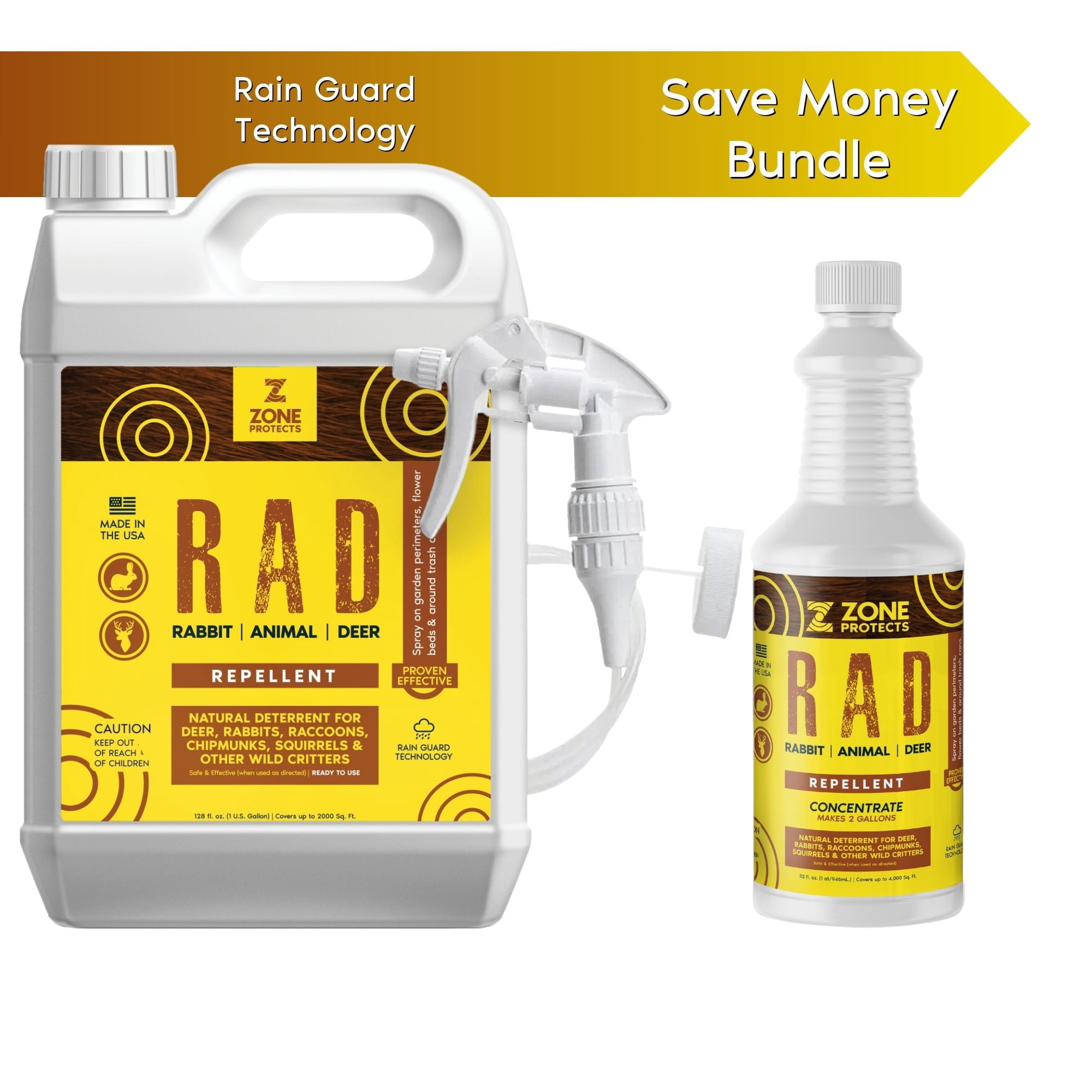 R.A.D. - Rabbit, Animal, Deer Repellent Concentrate/Gallon Bundle; All-Natural Money Saving Repellent; Protect Gardens, Flower Beds and Lawns