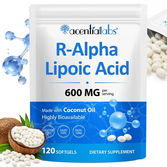 R-Alpha Lipoic Acid 600mg, Energy Supplement, Antioxidant Support, Non-GMO, Gluten Free, 120 capsules