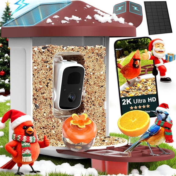 (R) Bird Feeder with Camera with AI Identify 10000+ Birds Species, 3 Solar Panels, Live View, Arrival , Bird House with Cam, for Bird Lovers