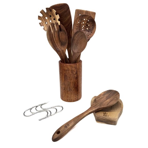 R&C Wooden Kitchen Utensil Set, 9-Piece Teak Cooking Tools with Holder & Hooks Nonstick Safe, Heat Resistant, Durable Wood Spoons & Spatulas