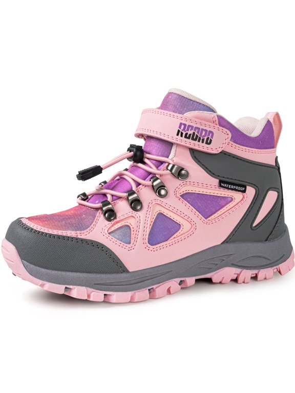 R CORD Kids Hiking Boots Waterproof Girls Hiking Boots Durable TPR Traction Outsole Anti-Skid Athletic Hook and Loop Drawstring Closure Hiking Boots for Outdoor Pink 2 Little Kid